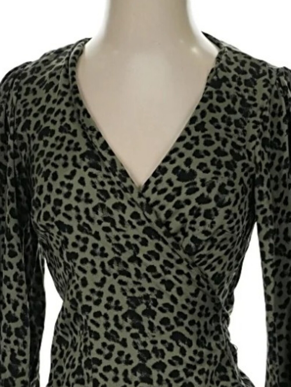 Olive and Black Leopard Wrap Blouse - Long Sleeve V-Neck. Large